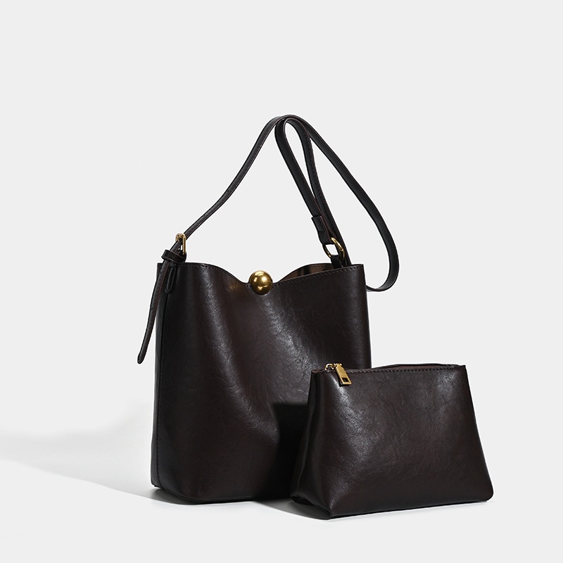 Chic Faux Leather Bucket Bag with Pouch Set