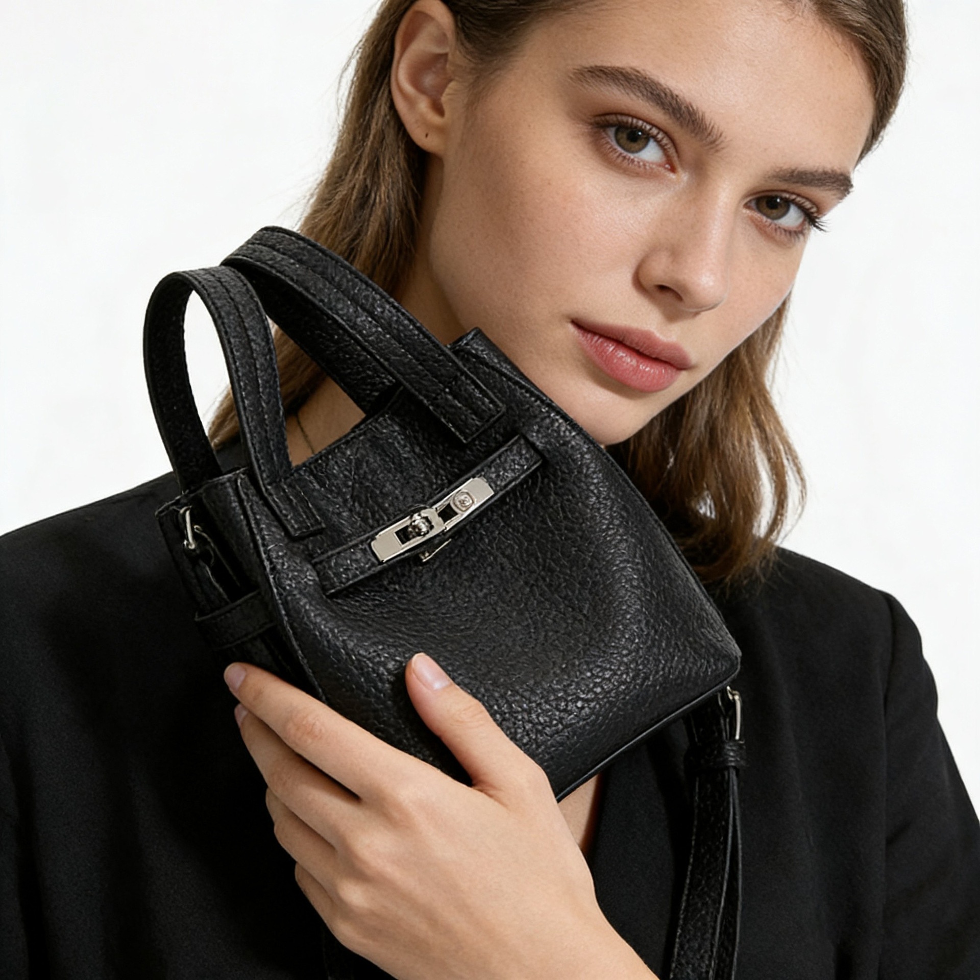 Mini Bucket Bag with Turn-Lock & Pouch - Black/Cream