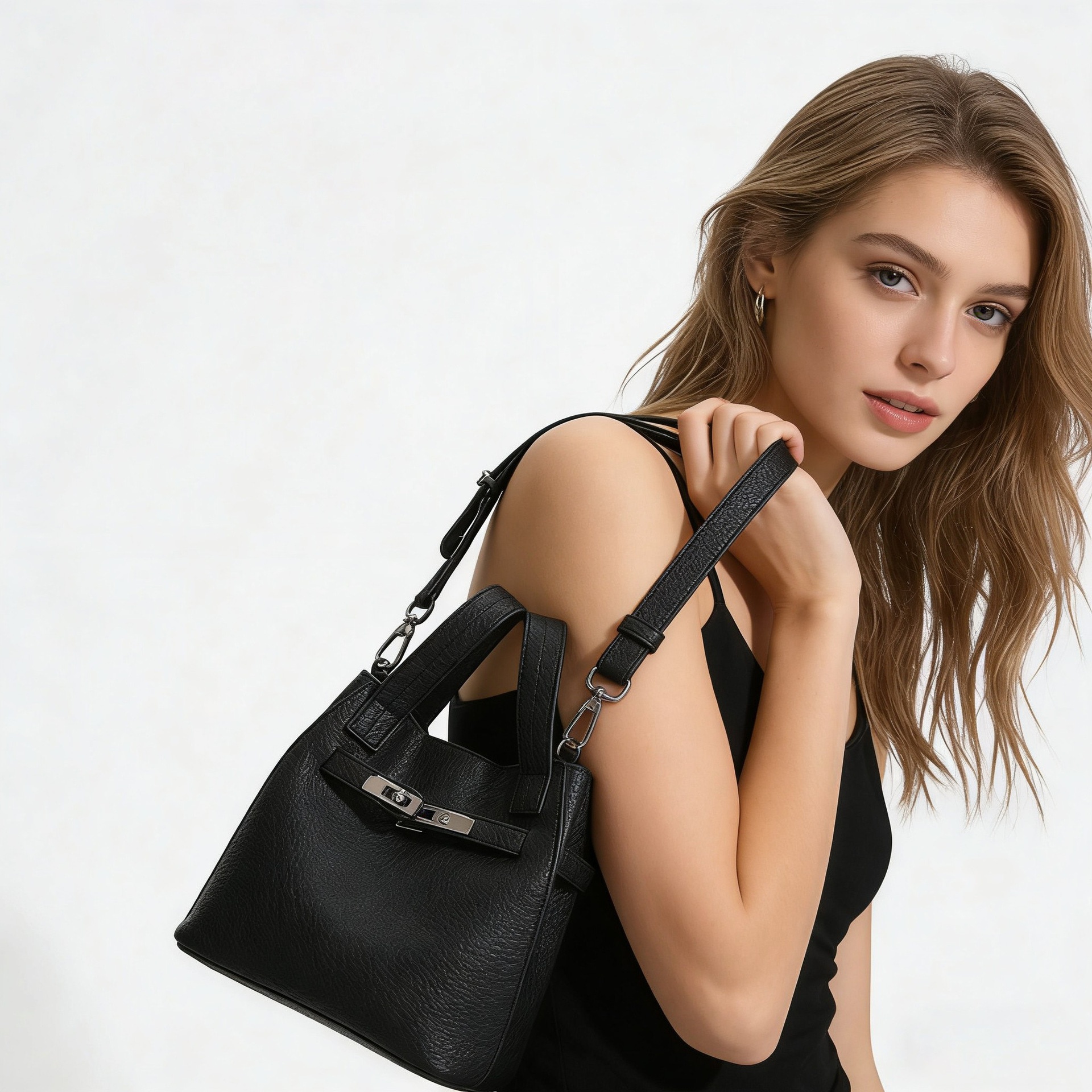 Mini Bucket Bag with Turn-Lock & Pouch - Black/Cream