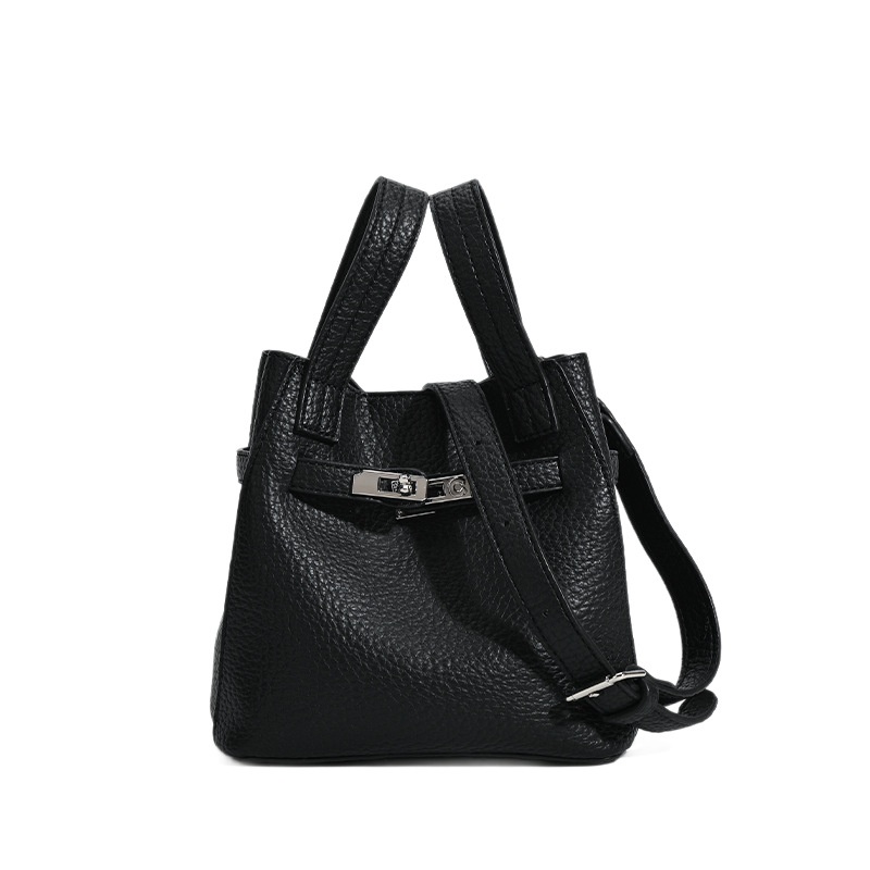 Mini Bucket Bag with Turn-Lock & Pouch - Black/Cream