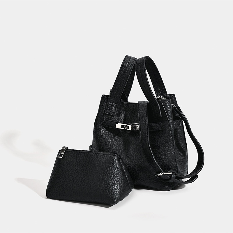 Mini Bucket Bag with Turn-Lock & Pouch - Black/Cream