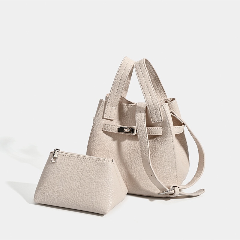 Mini Bucket Bag with Turn-Lock & Pouch - Black/Cream