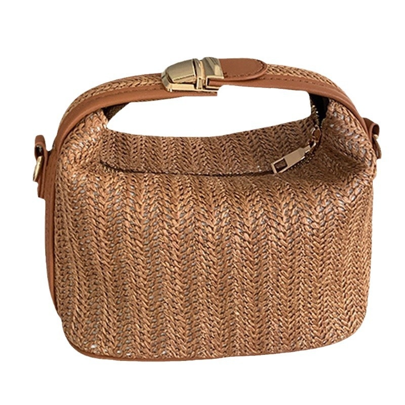 Woven Straw Top Handle Crossbody Bag with Clasp Closure