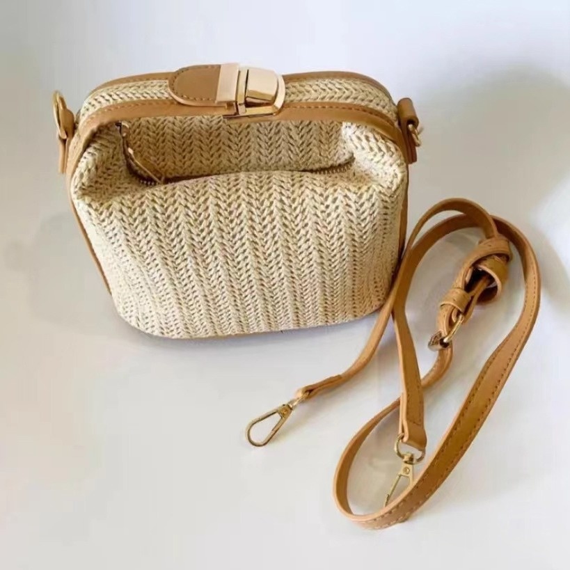 Woven Straw Top Handle Crossbody Bag with Clasp Closure