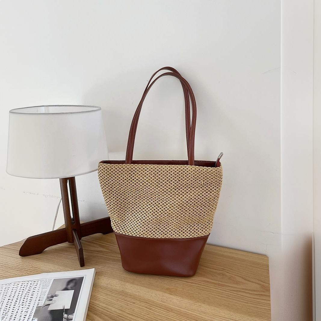 Woven Straw & Faux Leather Tote Bag