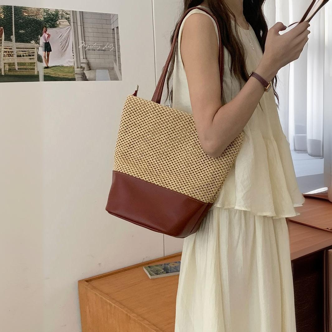 Woven Straw & Faux Leather Tote Bag