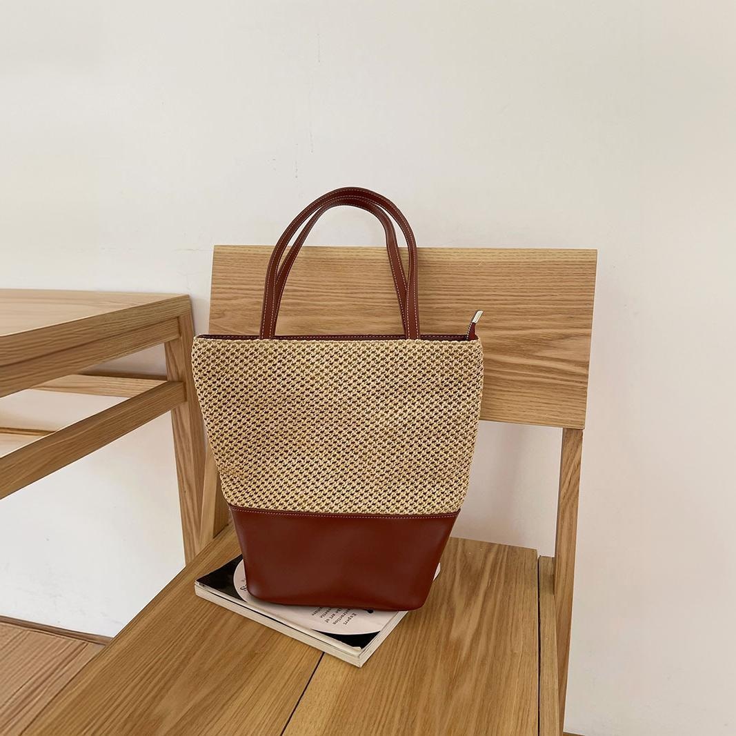 Woven Straw & Faux Leather Tote Bag