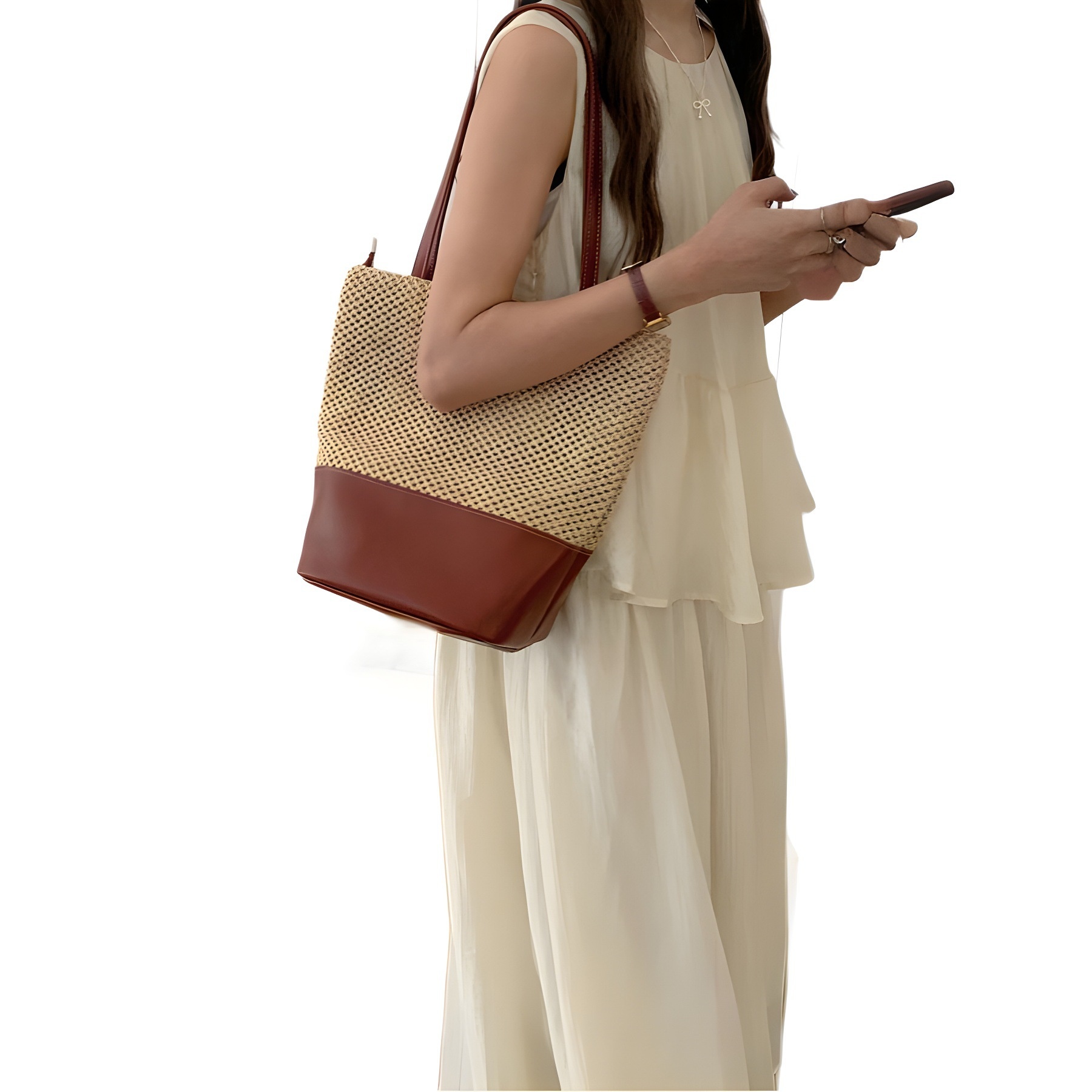 Woven Straw & Faux Leather Tote Bag