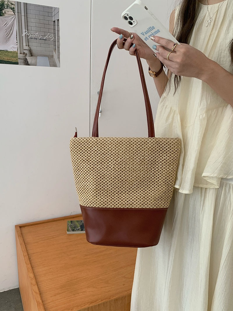 Woven Straw & Faux Leather Tote Bag