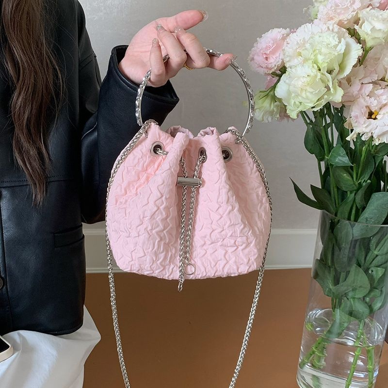 Textured Drawstring Bucket Bag with Chain Handle