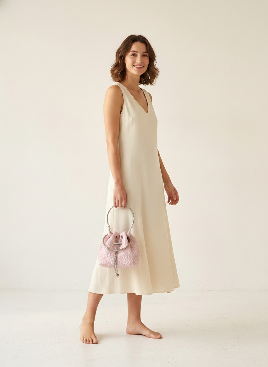 Textured Drawstring Bucket Bag with Chain Handle