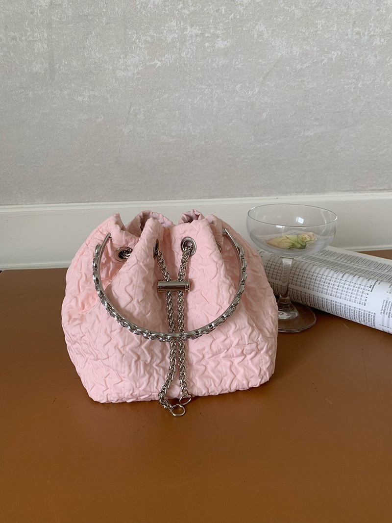 Textured Drawstring Bucket Bag with Chain Handle