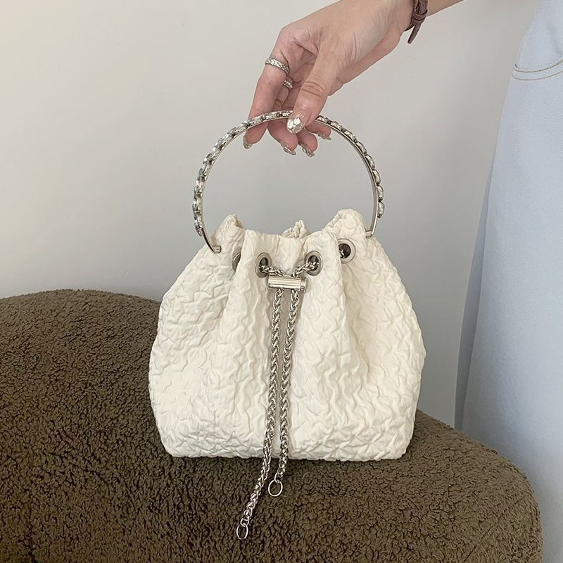 Textured Drawstring Bucket Bag with Chain Handle