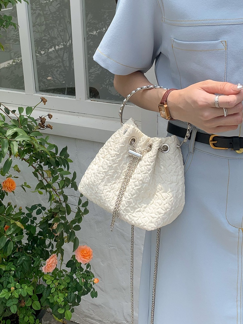 Textured Drawstring Bucket Bag with Chain Handle