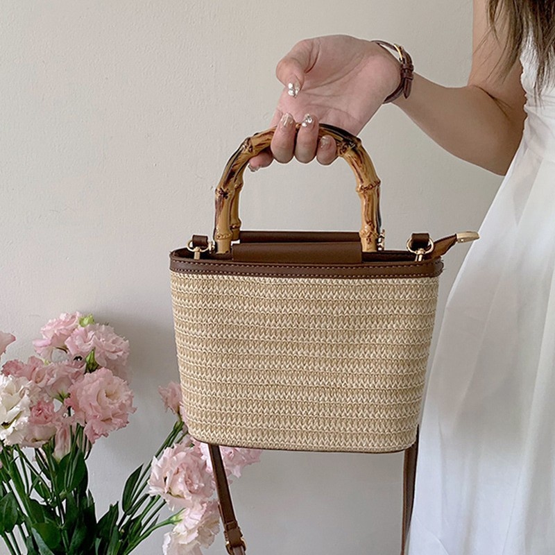 Mini Woven Straw Bag with Bamboo Handle & Crossbody Strap