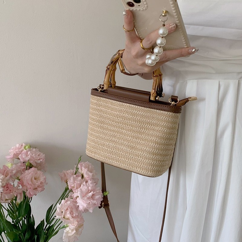 Mini Woven Straw Bag with Bamboo Handle & Crossbody Strap
