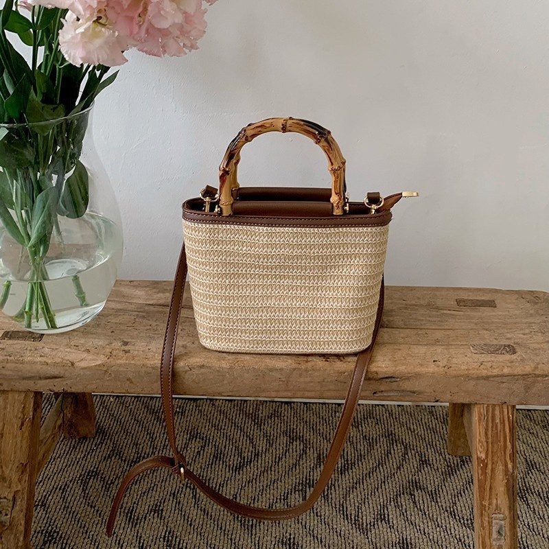 Mini Woven Straw Bag with Bamboo Handle & Crossbody Strap