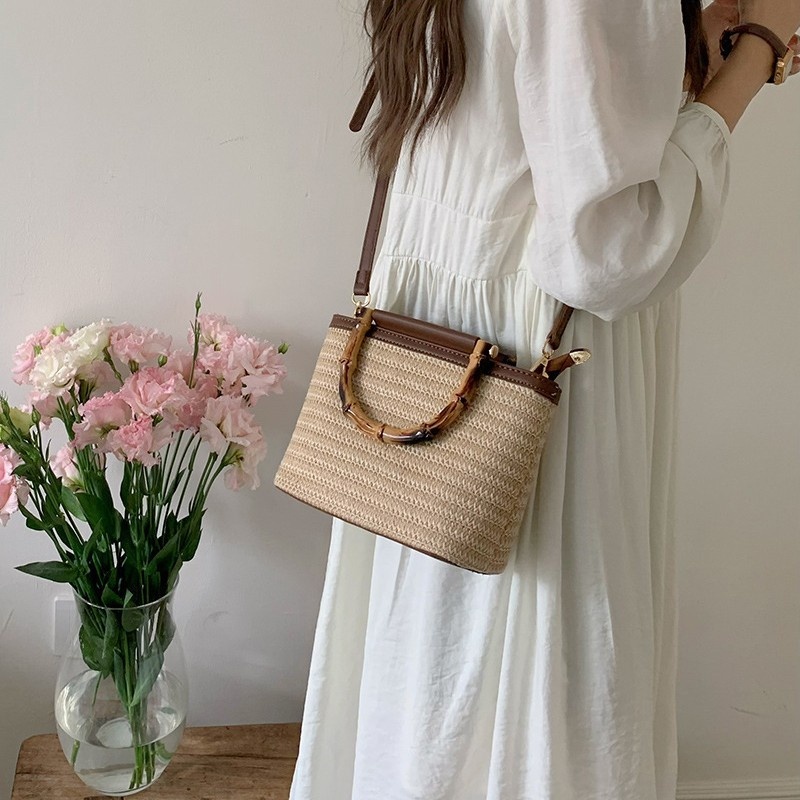 Mini Woven Straw Bag with Bamboo Handle & Crossbody Strap