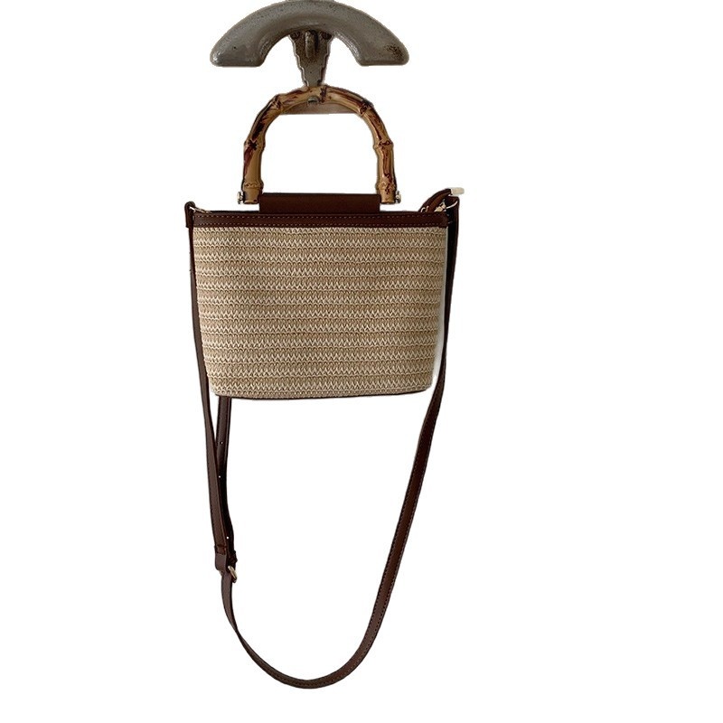 Mini Woven Straw Bag with Bamboo Handle & Crossbody Strap