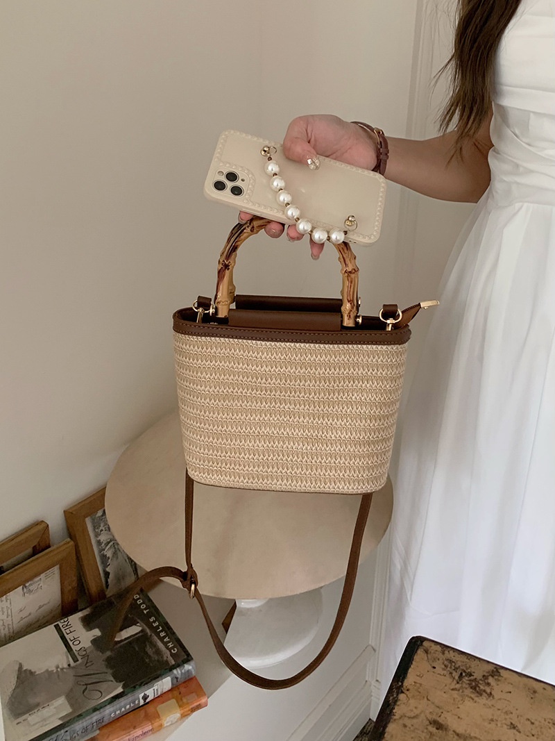 Mini Woven Straw Bag with Bamboo Handle & Crossbody Strap