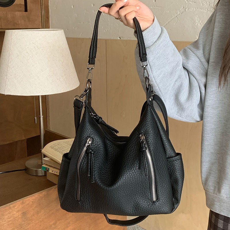 Soft Faux Pebbled Leather Hobo Shoulder Bag Multi-Pocket