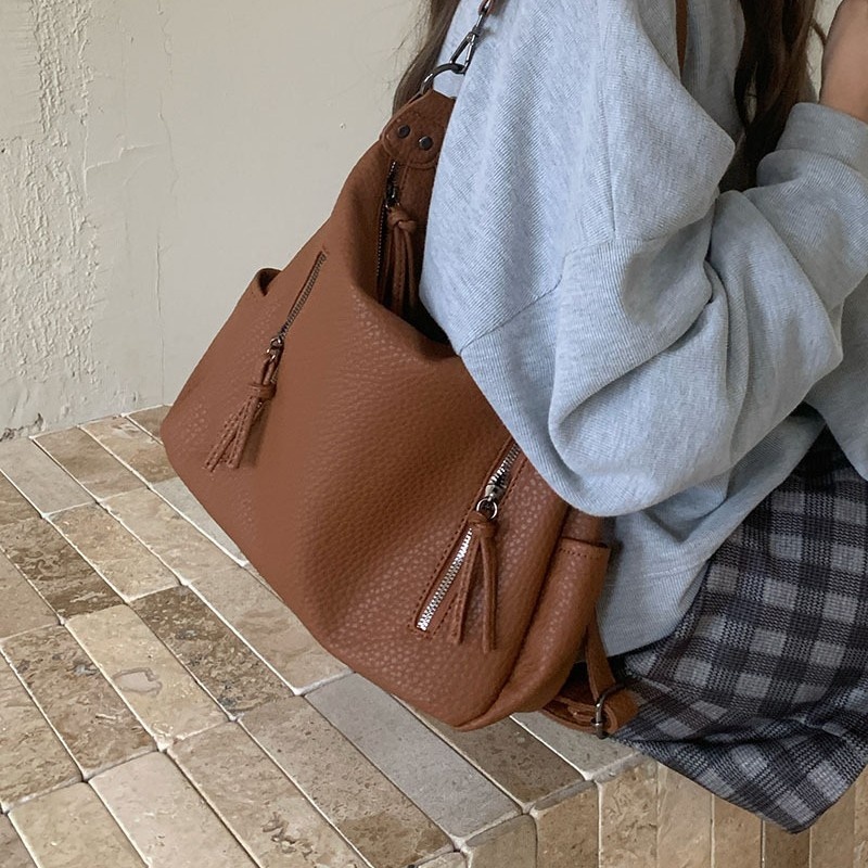 Soft Faux Pebbled Leather Hobo Shoulder Bag Multi-Pocket