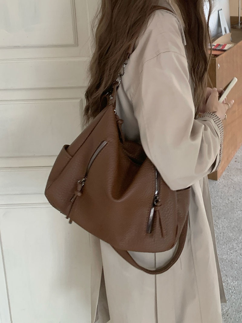Soft Faux Pebbled Leather Hobo Shoulder Bag Multi-Pocket