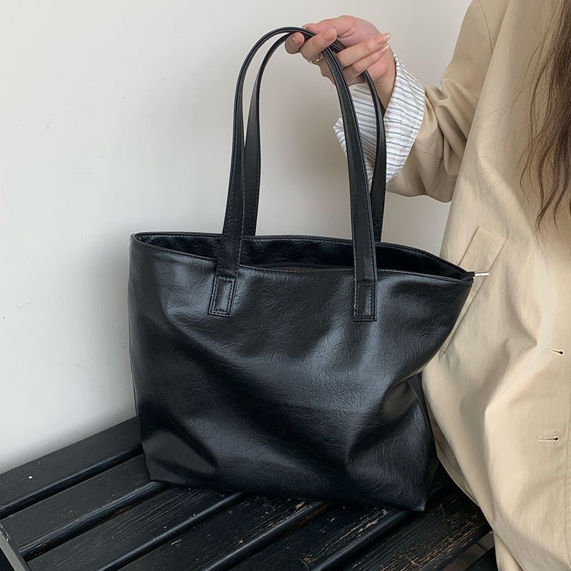 Classic Faux Leather Zipper Tote Bag - Everyday Shoulder Purse