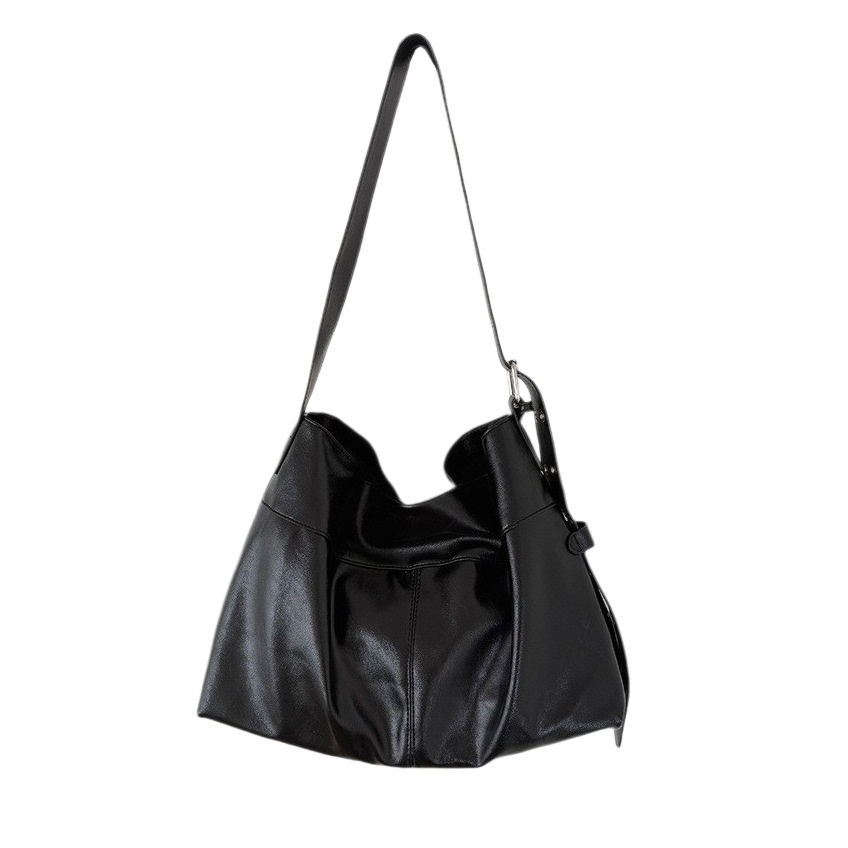 Soft Faux Leather Slouchy Shoulder Bag - Black