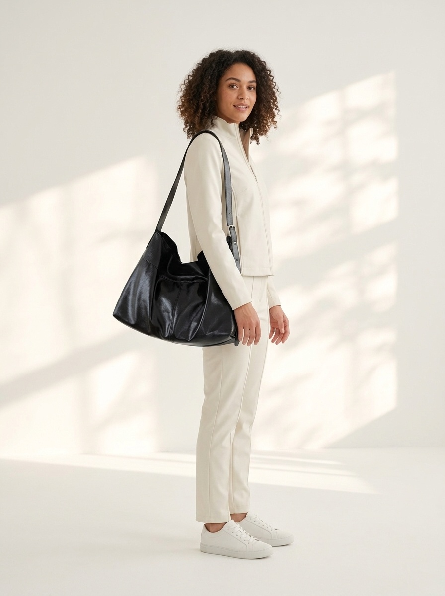 Soft Faux Leather Slouchy Shoulder Bag - Black