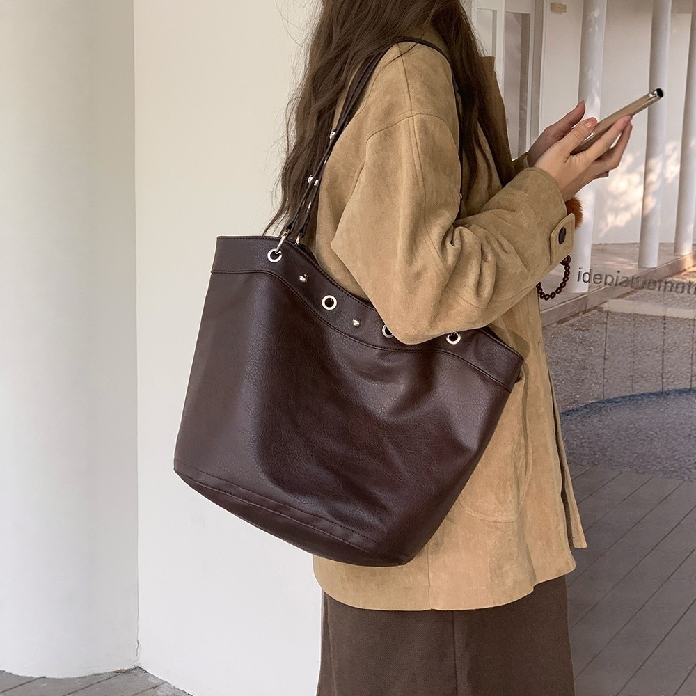 Grommet Detail Faux Leather Shoulder Tote Bag