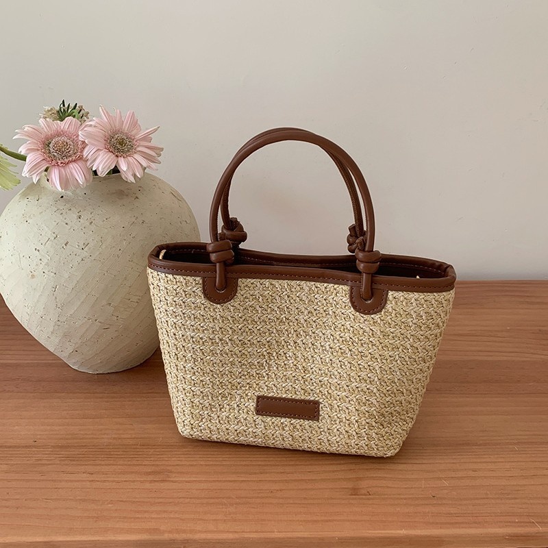 Woven Straw Mini Tote Bag with Faux Leather Trim