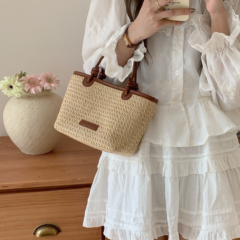 Woven Straw Mini Tote Bag with Faux Leather Trim