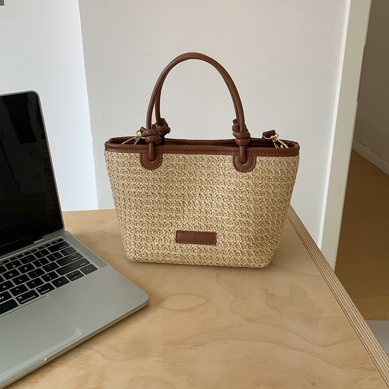 Woven Straw Mini Tote Bag with Faux Leather Trim