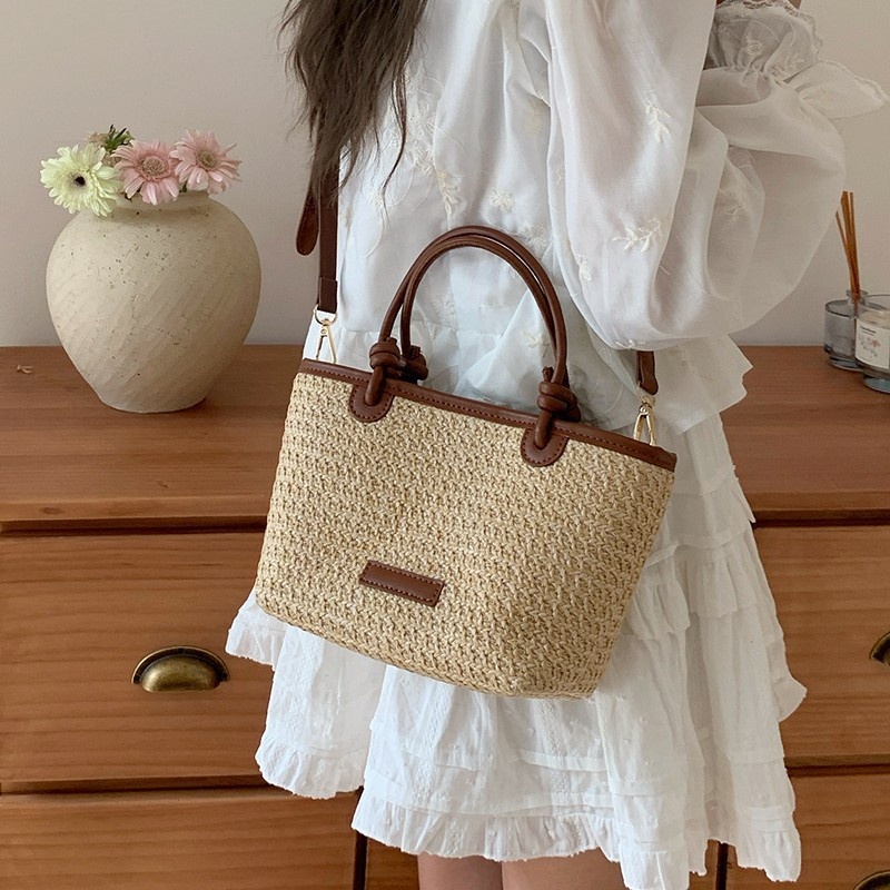 Woven Straw Mini Tote Bag with Faux Leather Trim