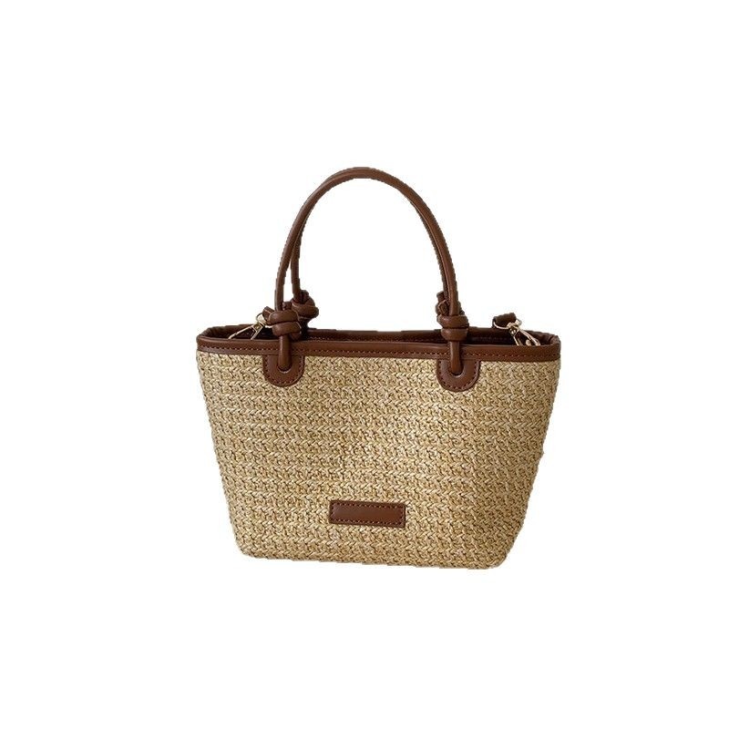 Woven Straw Mini Tote Bag with Faux Leather Trim