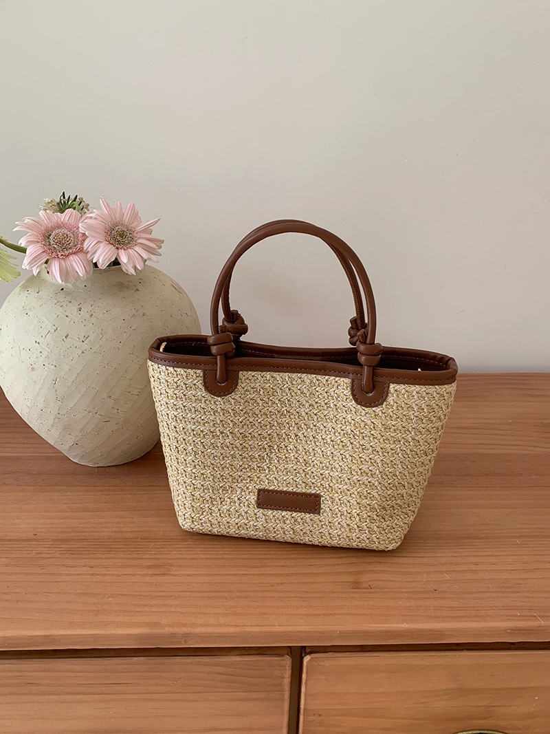 Woven Straw Mini Tote Bag with Faux Leather Trim