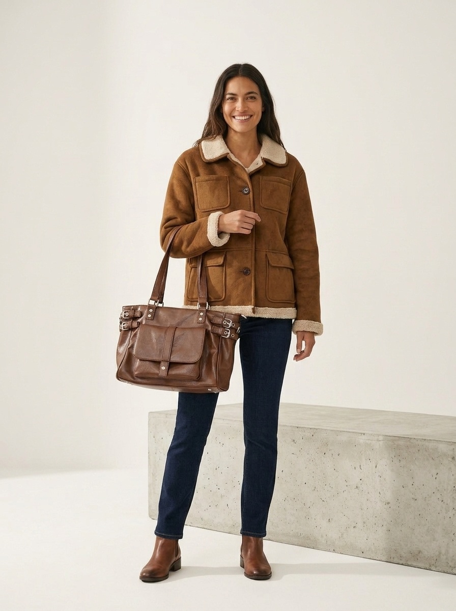 Vintage Buckle Shoulder Bag - Faux Leather Tote