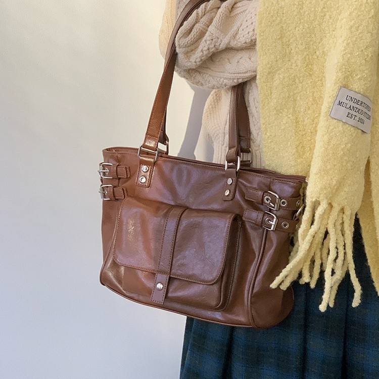 Vintage Buckle Shoulder Bag - Faux Leather Tote