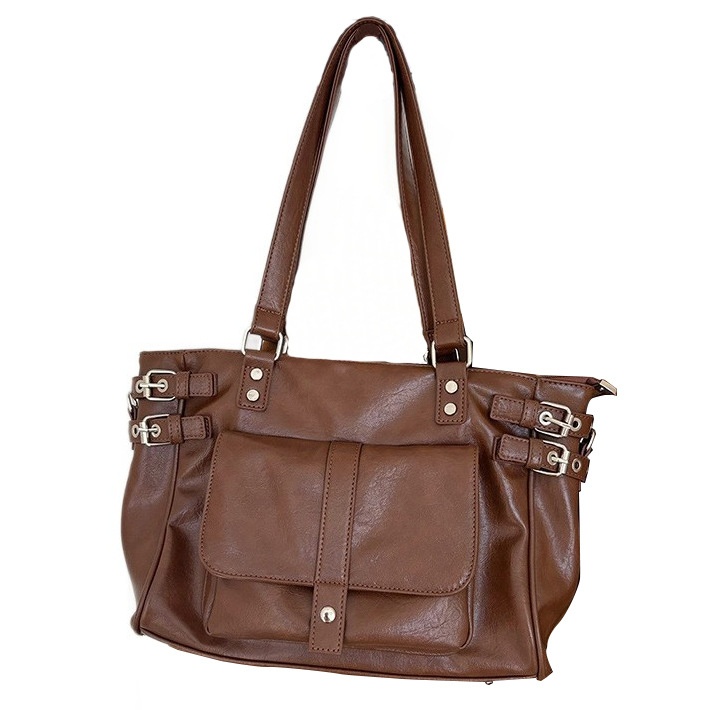 Vintage Buckle Shoulder Bag - Faux Leather Tote