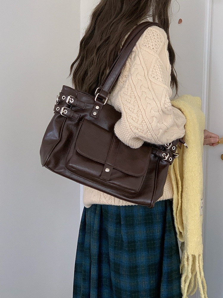 Vintage Buckle Shoulder Bag - Faux Leather Tote