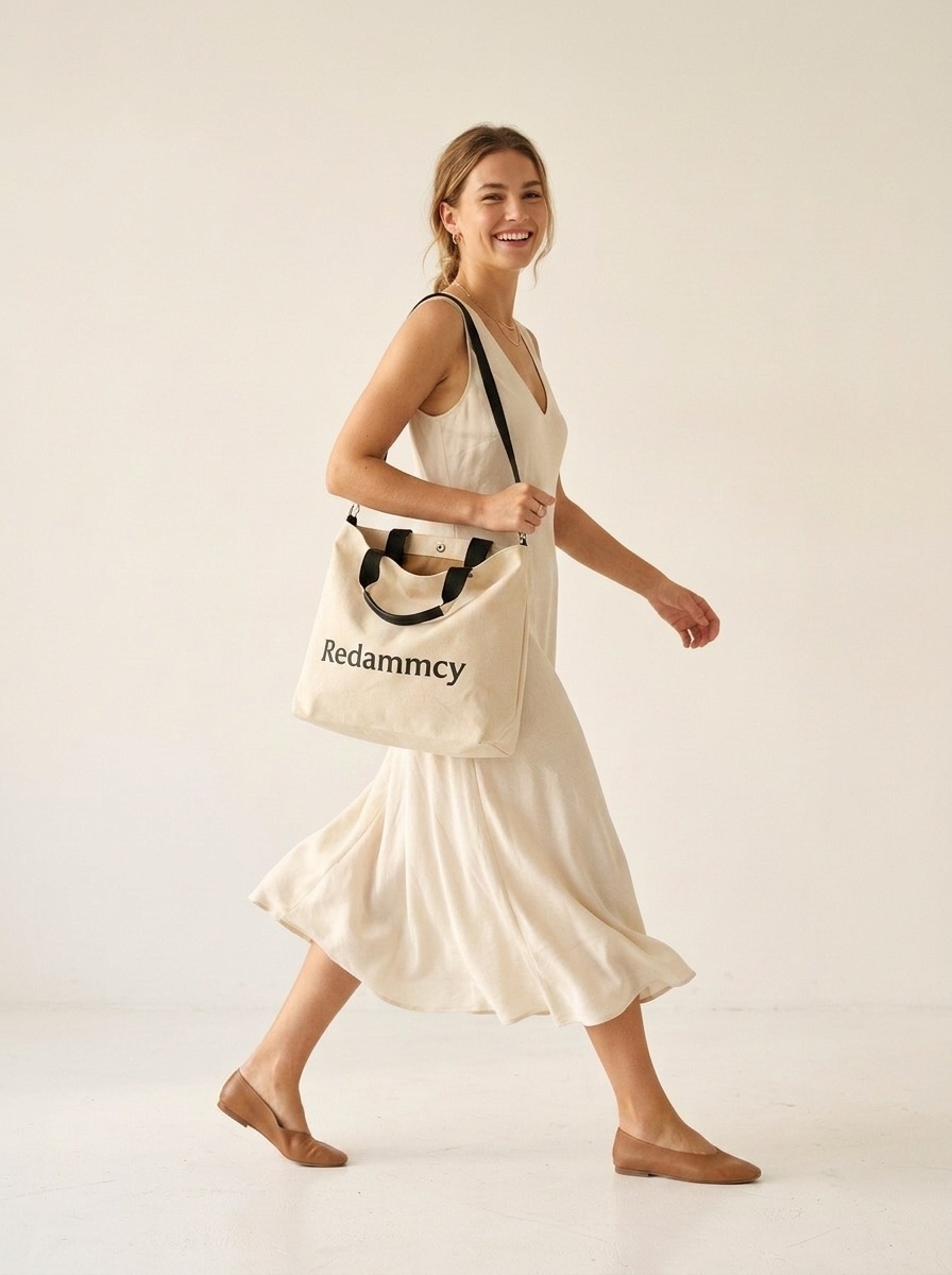 Redammcy Cream Canvas Tote Bag with Shoulder Strap