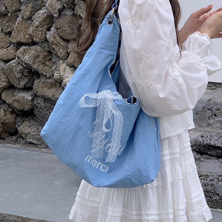 Chic Canvas Hobo Bag with Lace Bow - Everyday Tote