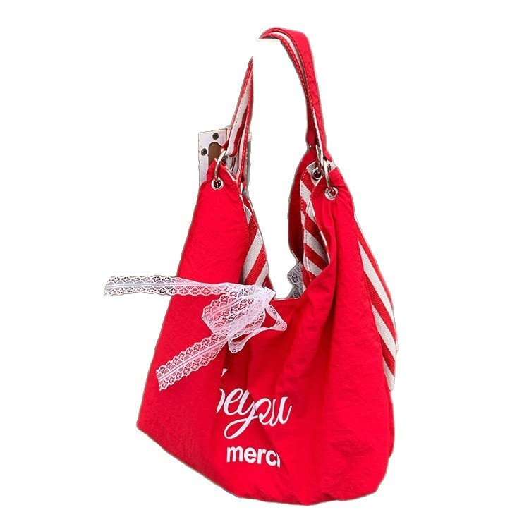 Chic Canvas Hobo Bag with Lace Bow - Everyday Tote