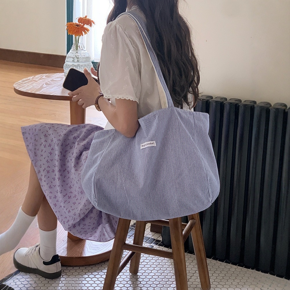 Reversible Canvas Tote Bag - Blue Stripe & White