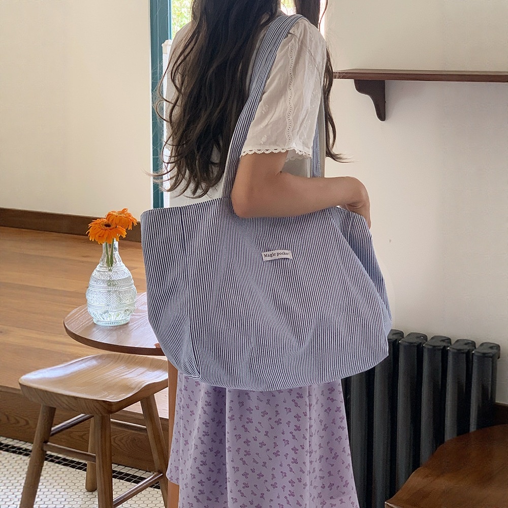 Reversible Canvas Tote Bag - Blue Stripe & White