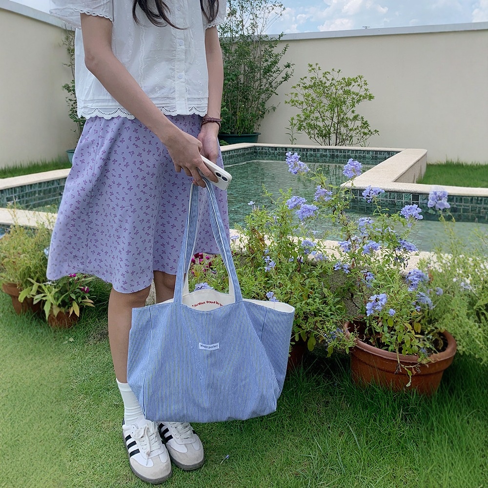 Reversible Canvas Tote Bag - Blue Stripe & White
