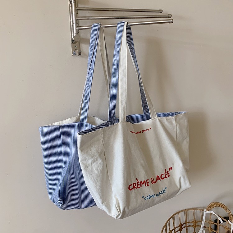 Reversible Canvas Tote Bag - Blue Stripe & White
