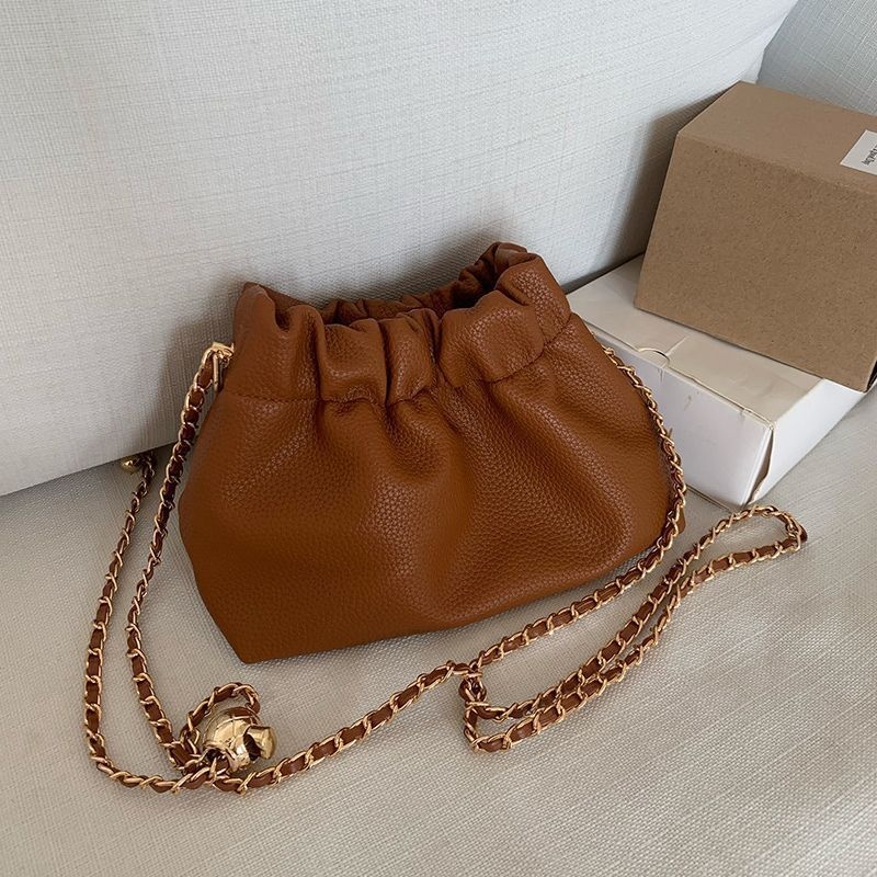 Ruched Drawstring Mini Crossbody Bag with Chain Strap