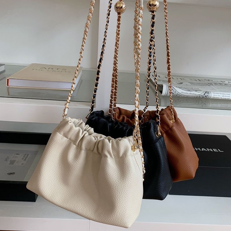 Ruched Drawstring Mini Crossbody Bag with Chain Strap